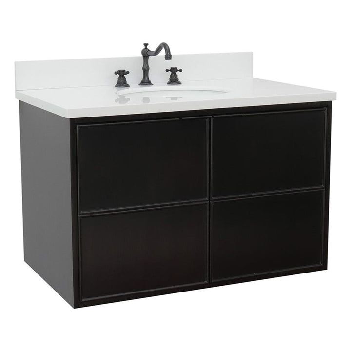 Bellaterra Scandi 37" Single Wall Mount Vanity, Cappuccino, White Quartz Top/Oval Sink