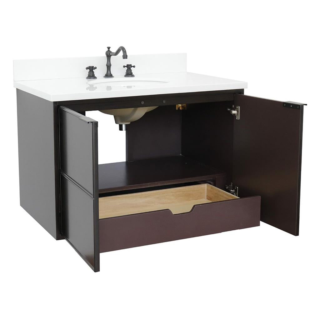 Bellaterra Scandi 37" Single Wall Mount Vanity, Cappuccino, White Quartz Top/Oval Sink