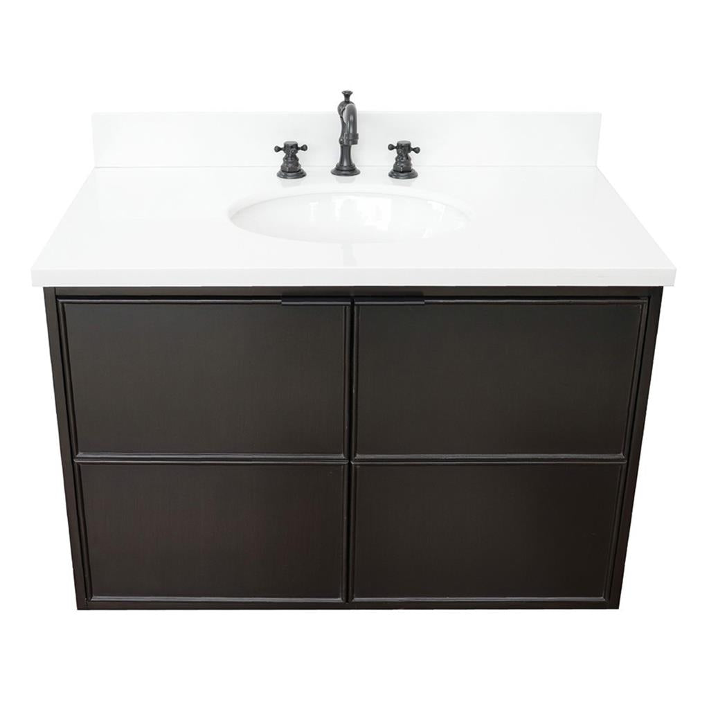 Bellaterra Scandi 37" Single Wall Mount Vanity, Cappuccino, White Quartz Top/Oval Sink