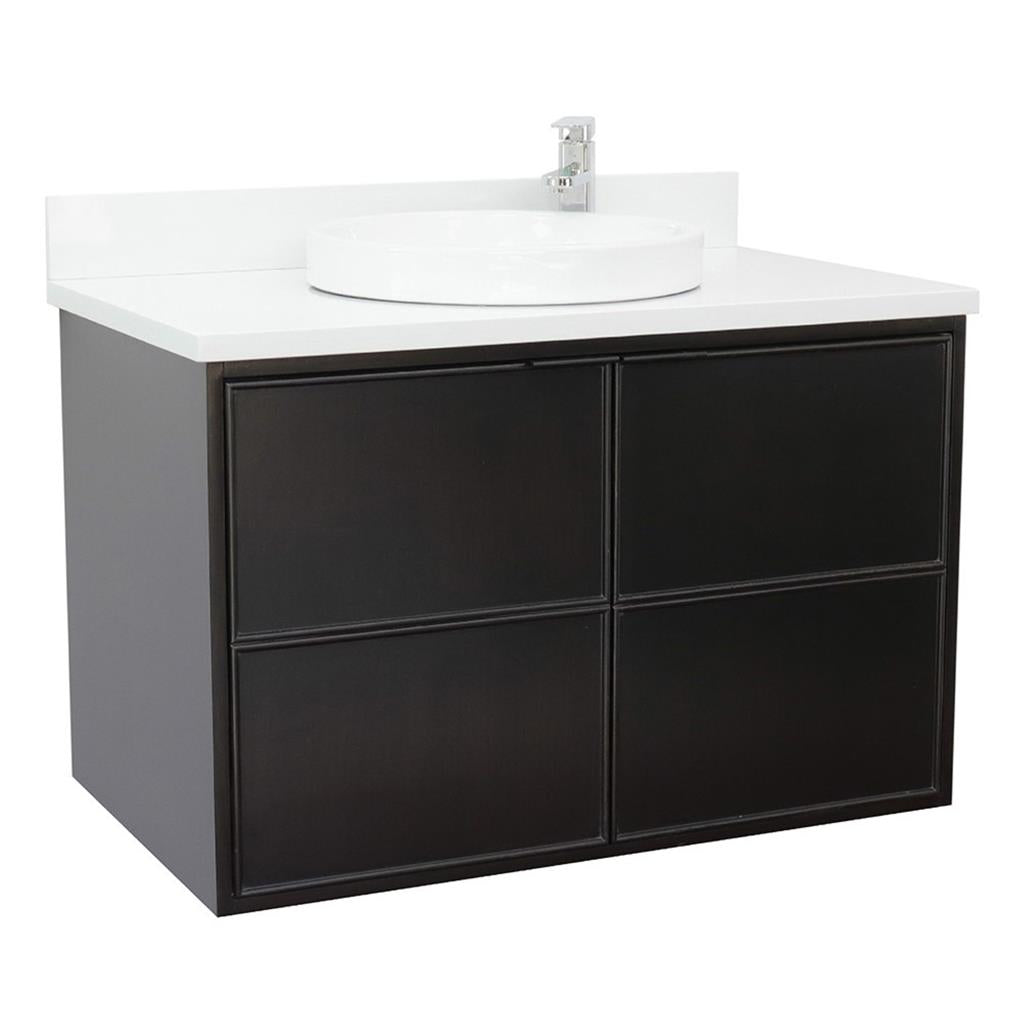 Bellaterra Scandi 37" Single Wall Mount Vanity, Cappuccino, White Quartz Top/Round Sink