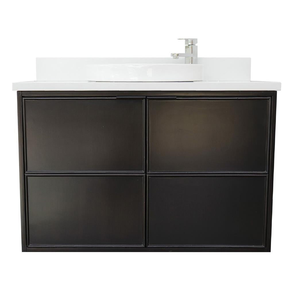 Bellaterra Scandi 37" Single Wall Mount Vanity, Cappuccino, White Quartz Top/Round Sink