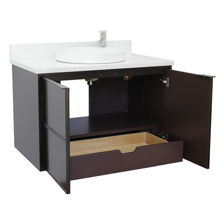 Bellaterra Scandi 37" Single Wall Mount Vanity, Cappuccino, White Quartz Top/Round Sink