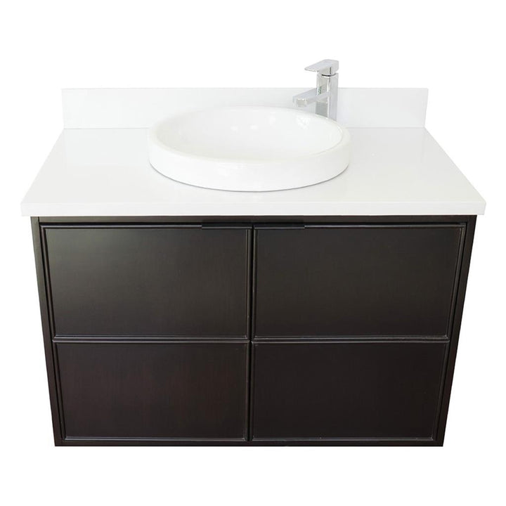 Bellaterra Scandi 37" Single Wall Mount Vanity, Cappuccino, White Quartz Top/Round Sink