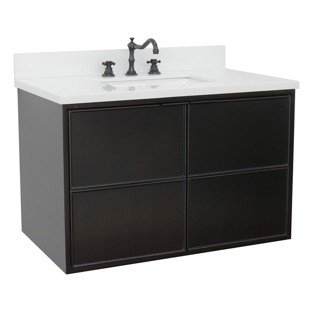 Bellaterra Scandi 37" Single Wall Mount Vanity, Cappuccino, White Quartz Top/Rectangle Sink