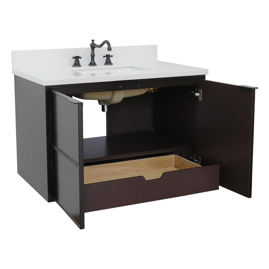 Bellaterra Scandi 37" Single Wall Mount Vanity, Cappuccino, White Quartz Top/Rectangle Sink