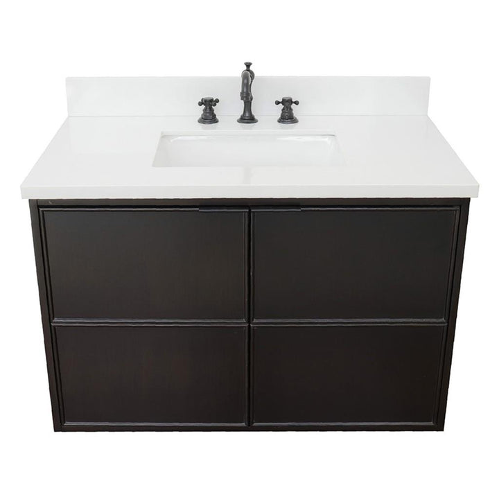 Bellaterra Scandi 37" Single Wall Mount Vanity, Cappuccino, White Quartz Top/Rectangle Sink