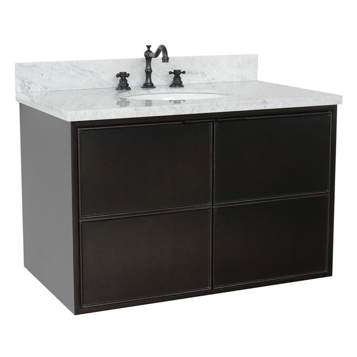 Bellaterra Scandi 37" Single Wall Mount Vanity, Cappuccino, White Carrara Top/Oval Sink