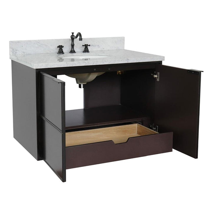 Bellaterra Scandi 37" Single Wall Mount Vanity, Cappuccino, White Carrara Top/Oval Sink