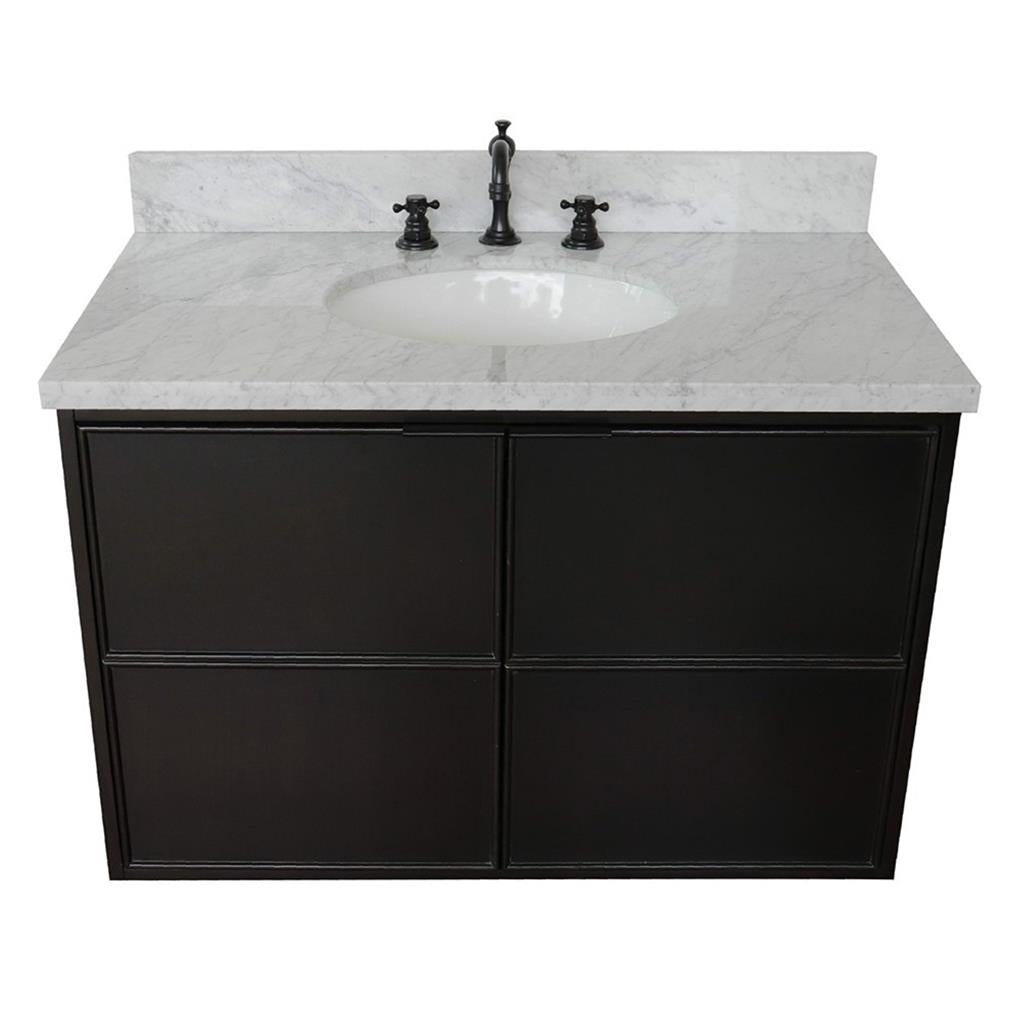 Bellaterra Scandi 37" Single Wall Mount Vanity, Cappuccino, White Carrara Top/Oval Sink