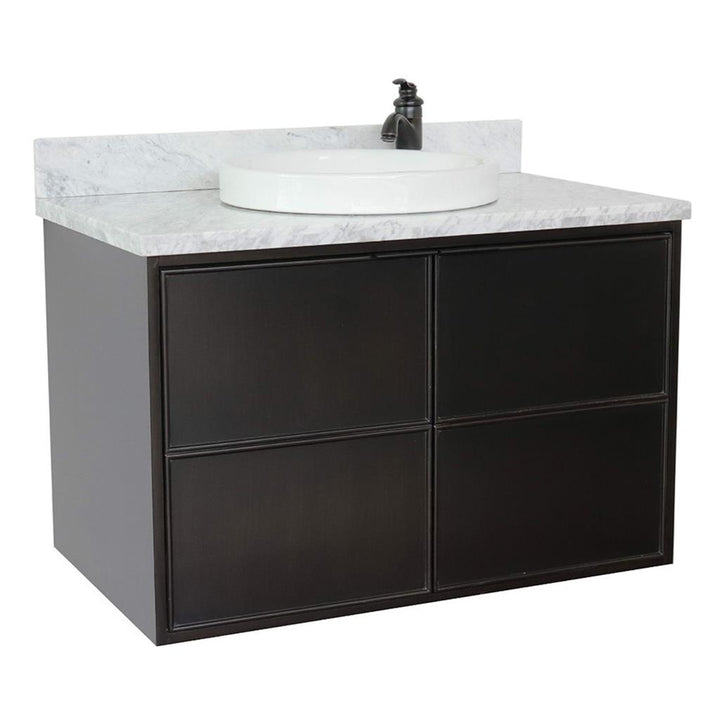 Bellaterra Scandi 37" Single Wall Mount Vanity, Cappuccino, White Carrara Top/Round Sink