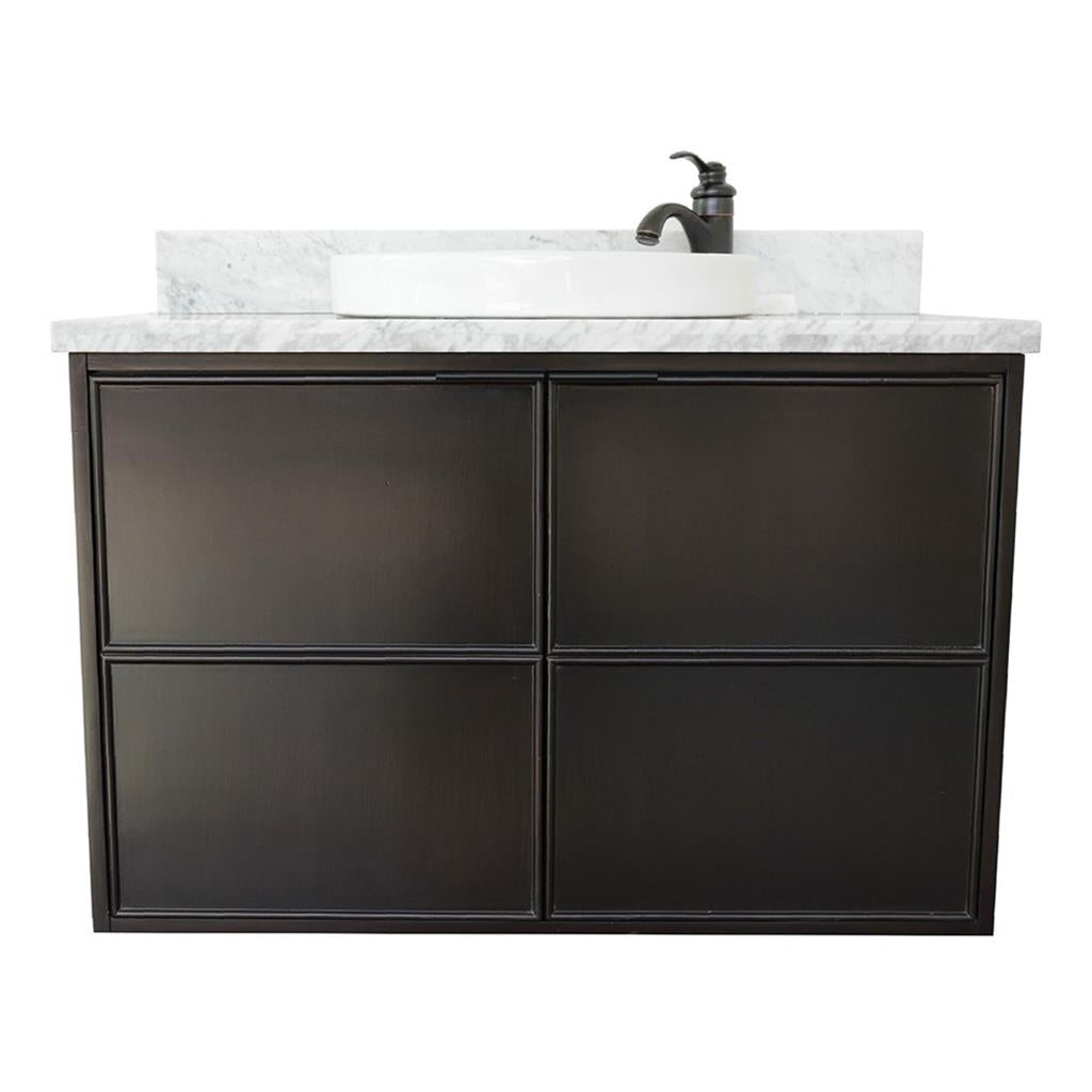 Bellaterra Scandi 37" Single Wall Mount Vanity, Cappuccino, White Carrara Top/Round Sink