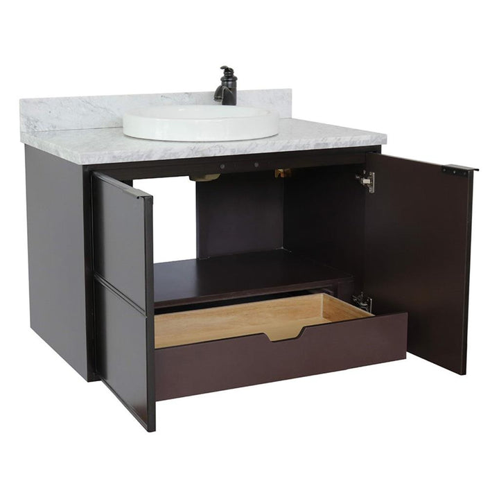 Bellaterra Scandi 37" Single Wall Mount Vanity, Cappuccino, White Carrara Top/Round Sink