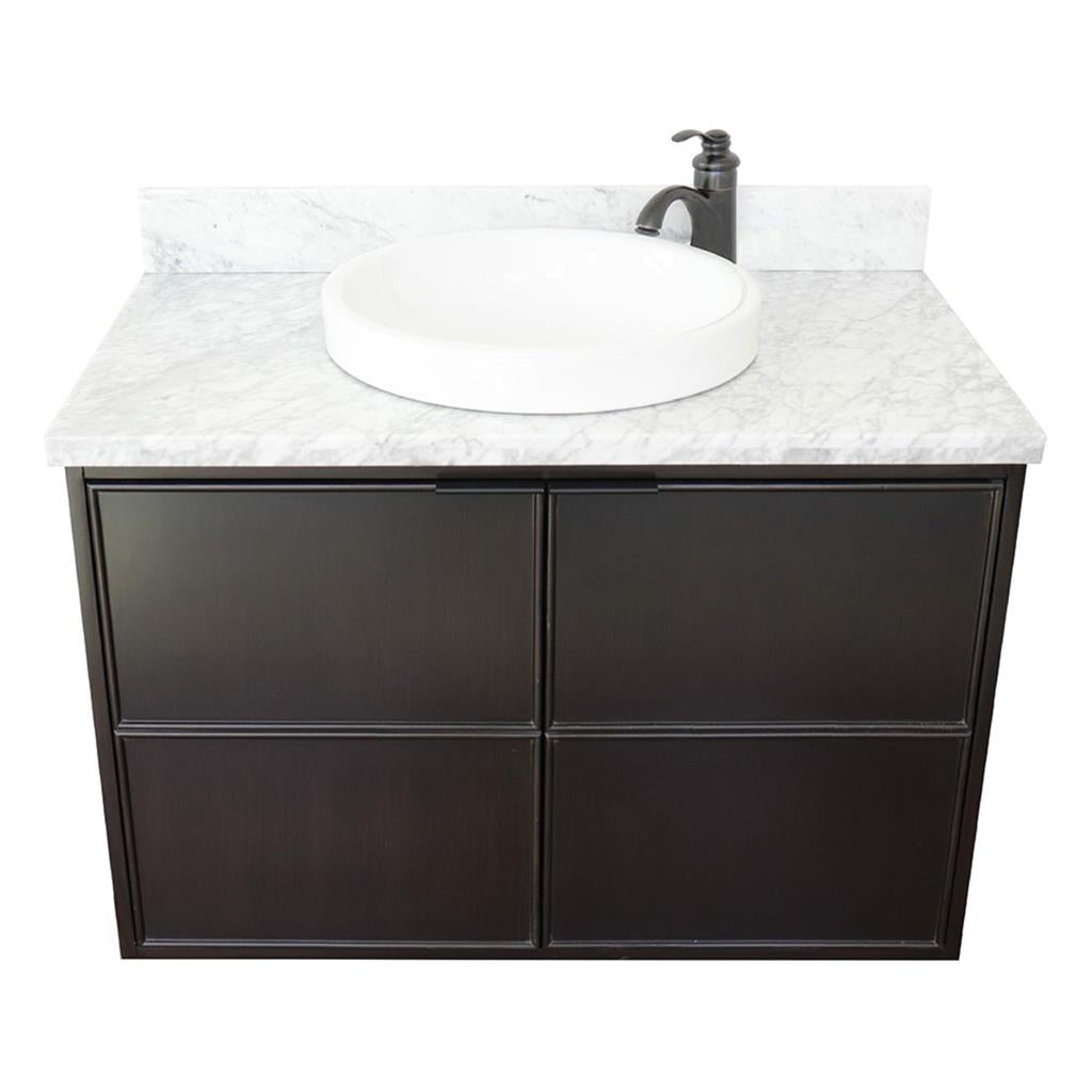 Bellaterra Scandi 37" Single Wall Mount Vanity, Cappuccino, White Carrara Top/Round Sink