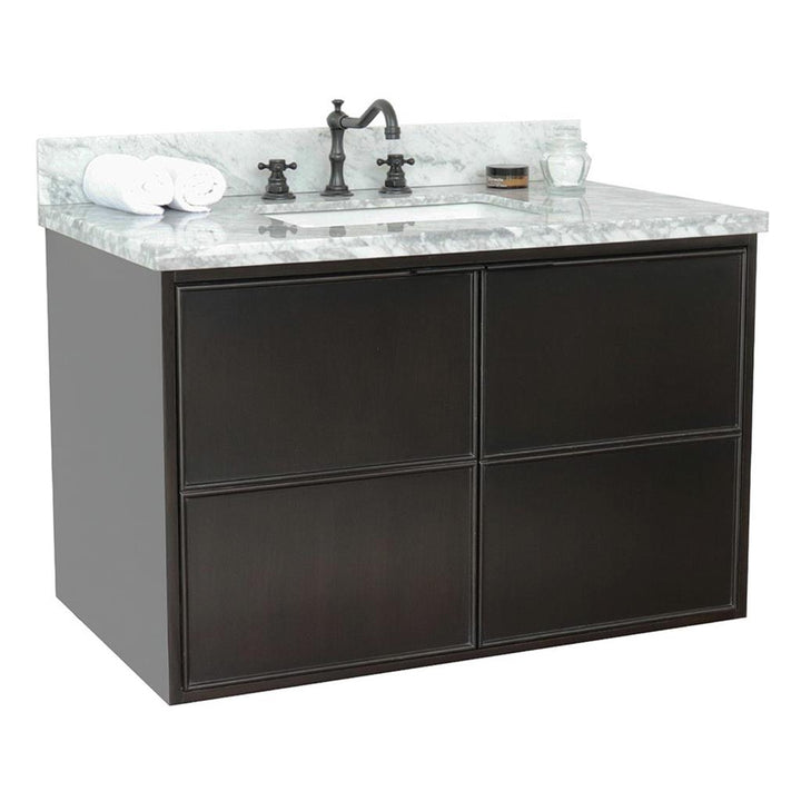 Bellaterra Scandi 37" Single Wall Mount Vanity, Cappuccino, White Carrara Top/Rectangle Sink