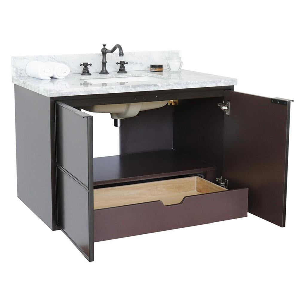 Bellaterra Scandi 37" Single Wall Mount Vanity, Cappuccino, White Carrara Top/Rectangle Sink