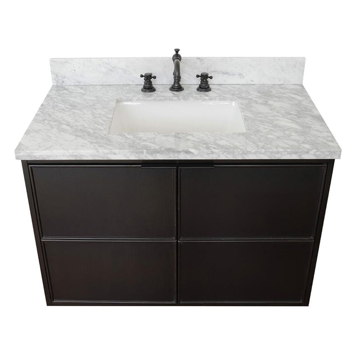 Bellaterra Scandi 37" Single Wall Mount Vanity, Cappuccino, White Carrara Top/Rectangle Sink