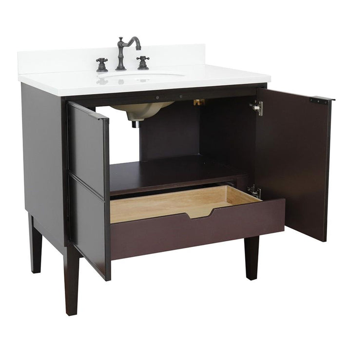 Bellaterra Scandi 37" Single Vanity, Cappuccino, White Quartz Top/Oval Sink