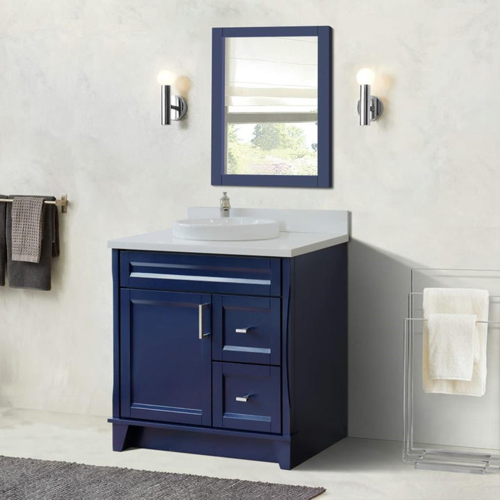 Bellaterra Terni 37" Single Vanity, Blue, White Quartz Top, Left Door/Round Center Sink