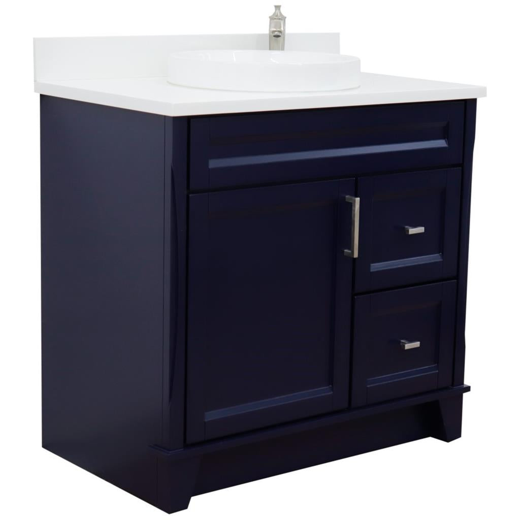 Bellaterra Terni 37" Single Vanity, Blue, White Quartz Top, Left Door/Round Center Sink