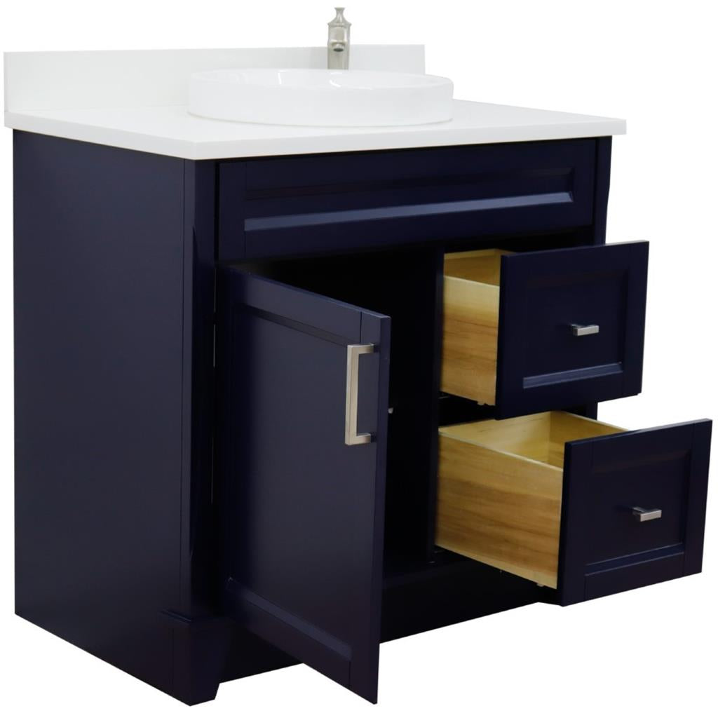 Bellaterra Terni 37" Single Vanity, Blue, White Quartz Top, Left Door/Round Center Sink