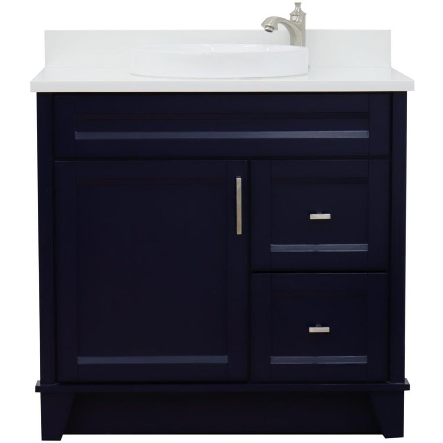 Bellaterra Terni 37" Single Vanity, Blue, White Quartz Top, Left Door/Round Center Sink