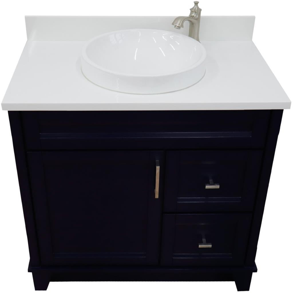 Bellaterra Terni 37" Single Vanity, Blue, White Quartz Top, Left Door/Round Center Sink