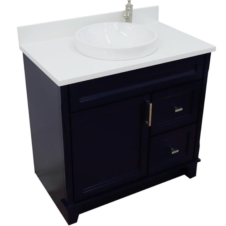 Bellaterra Terni 37" Single Vanity, Blue, White Quartz Top, Left Door/Round Center Sink