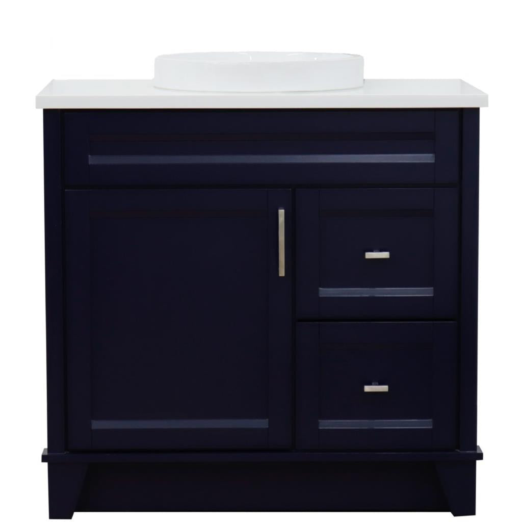 Bellaterra Terni 37" Single Vanity, Blue, White Quartz Top, Left Door/Round Center Sink