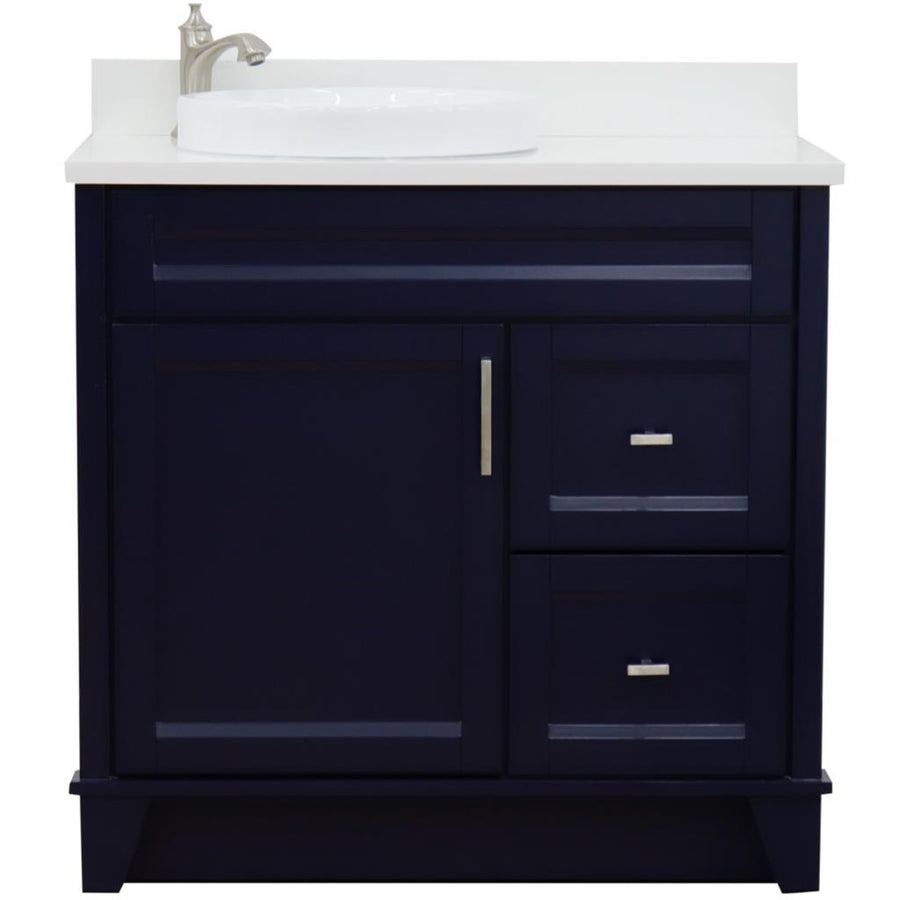 Bellaterra Terni 37" Single Vanity, Blue, White Quartz Top, Left Door/Round Left Sink