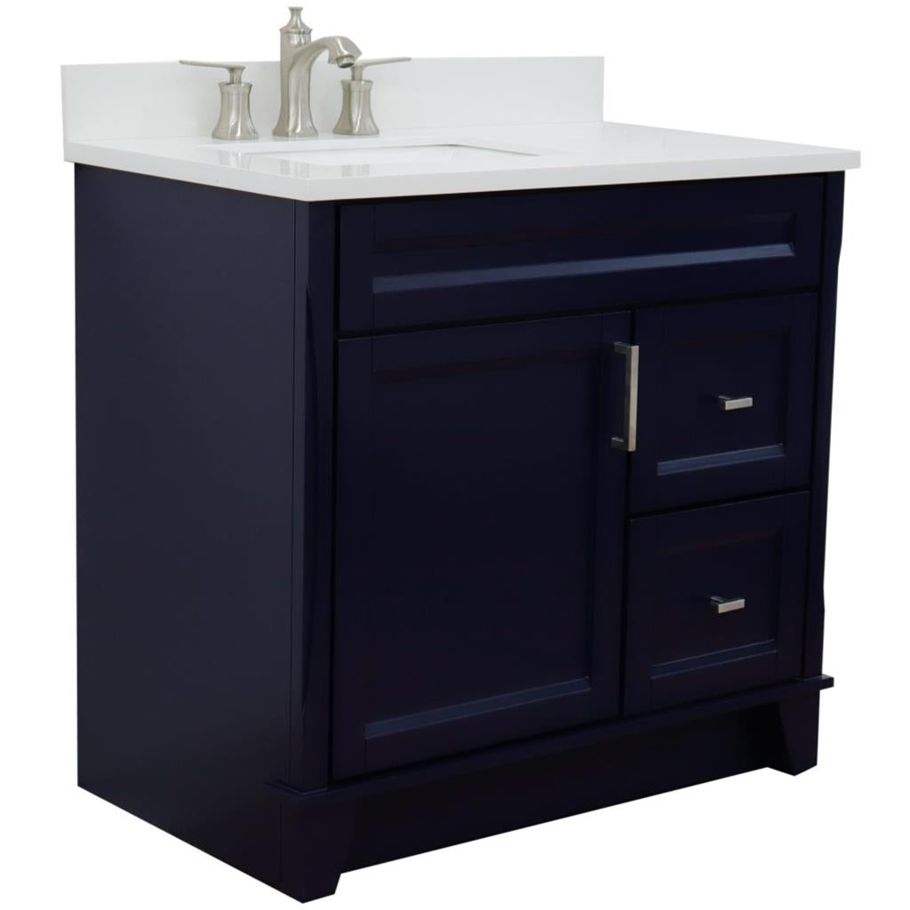 Bellaterra Terni 37" Single Vanity, Blue, White Quartz Top, Left Door/Left Sink