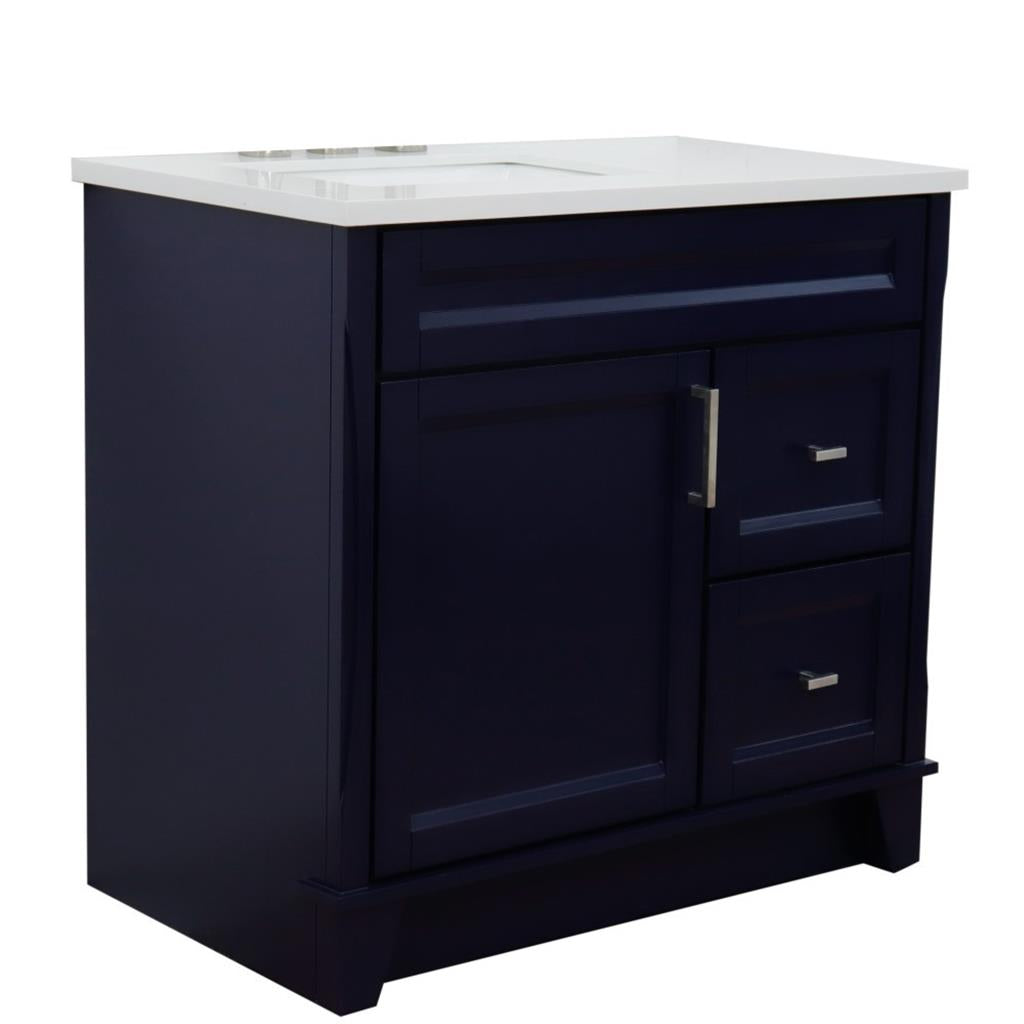 Bellaterra Terni 37" Single Vanity, Blue, White Quartz Top, Left Door/Left Sink