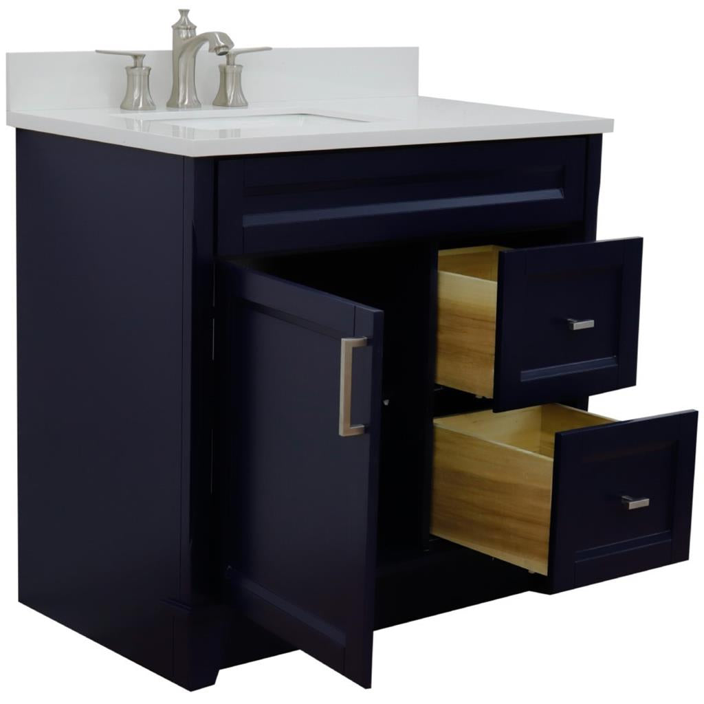 Bellaterra Terni 37" Single Vanity, Blue, White Quartz Top, Left Door/Left Sink