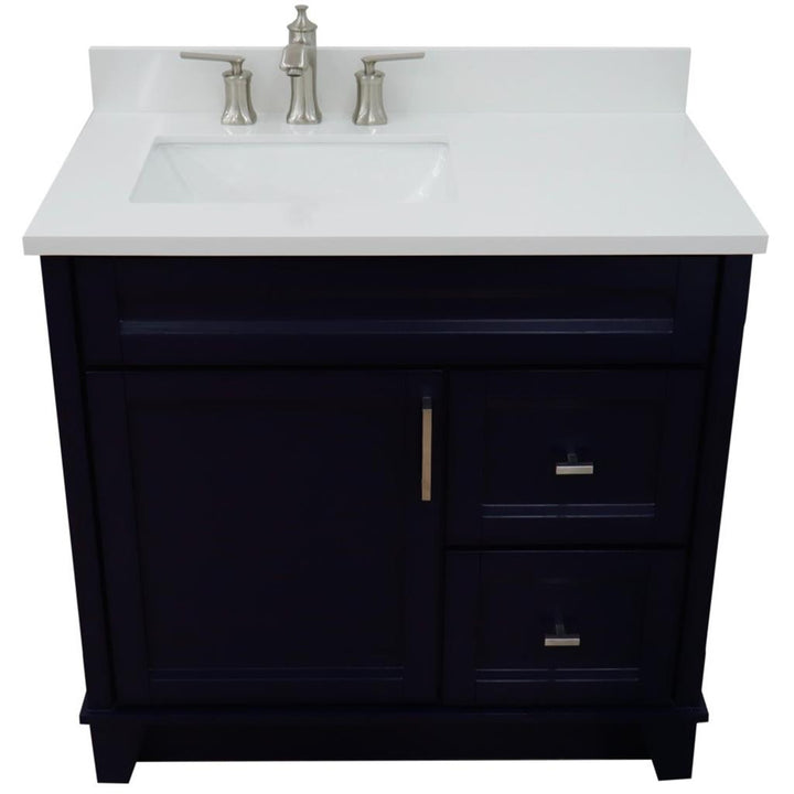 Bellaterra Terni 37" Single Vanity, Blue, White Quartz Top, Left Door/Left Sink