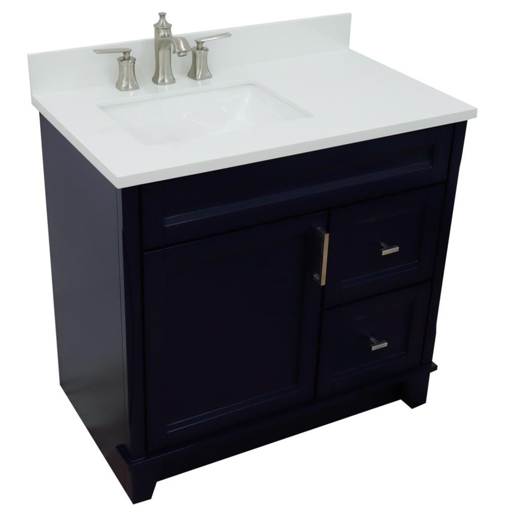 Bellaterra Terni 37" Single Vanity, Blue, White Quartz Top, Left Door/Left Sink