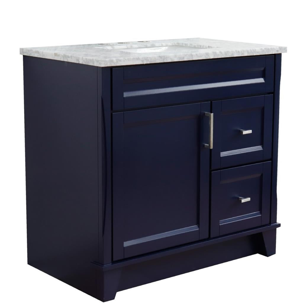 Bellaterra Terni 37" Single Vanity, Blue, White Carrara Marble Top, Left Door/Center Sink