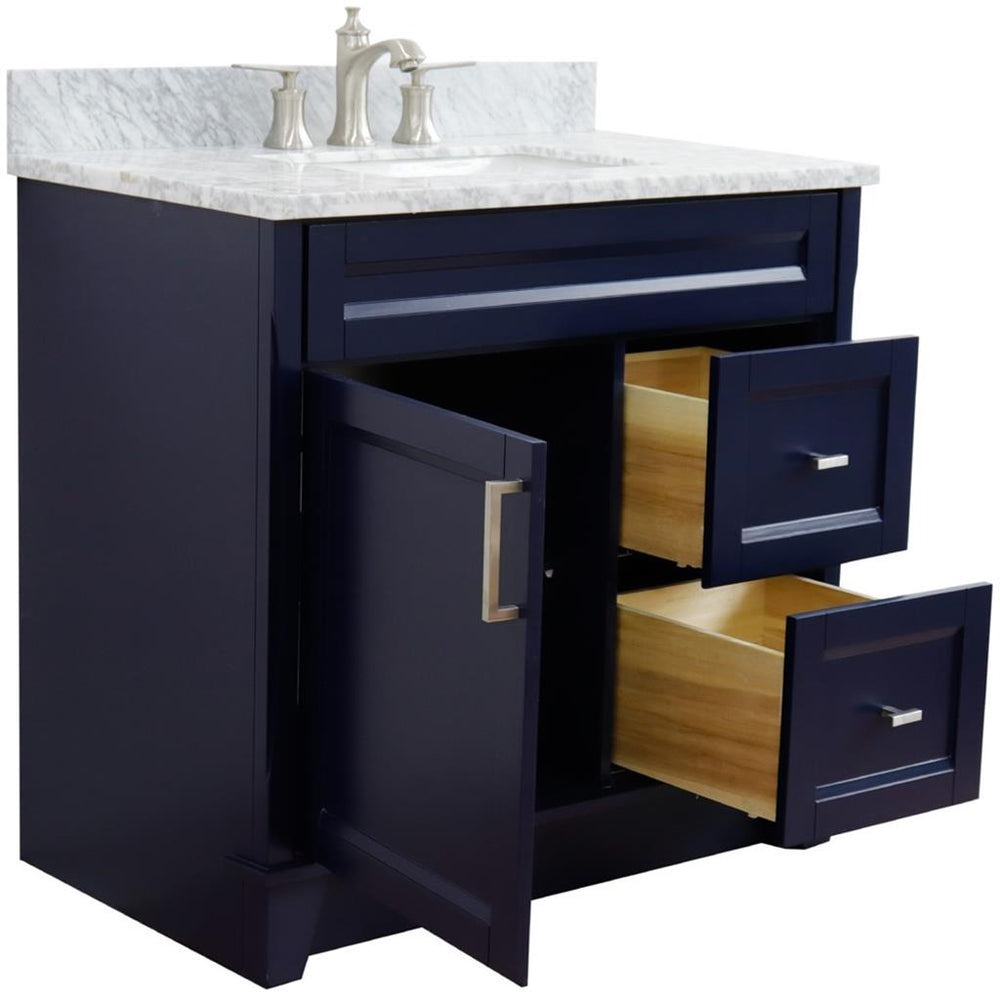 Bellaterra Terni 37" Single Vanity, Blue, White Carrara Marble Top, Left Door/Center Sink