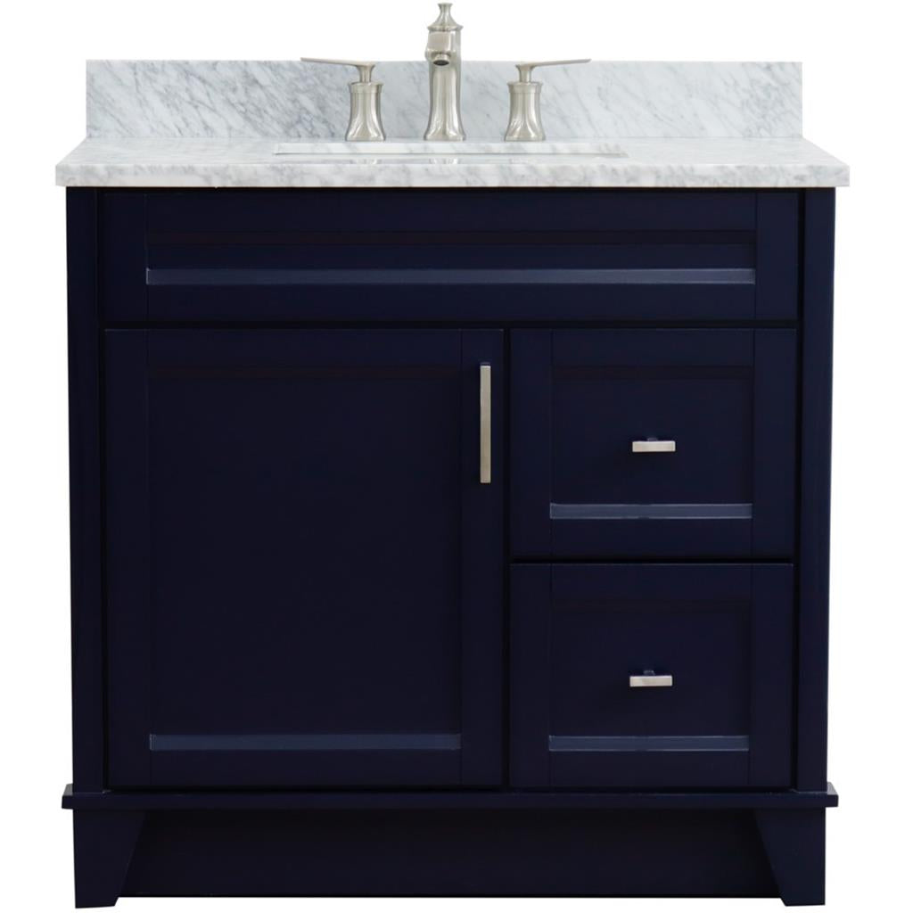 Bellaterra Terni 37" Single Vanity, Blue, White Carrara Marble Top, Left Door/Center Sink