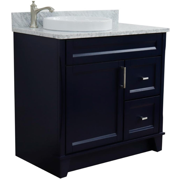 Bellaterra Terni 37" Single Vanity, Blue, White Carrara Marble Top, Left Door/Round Left Sink