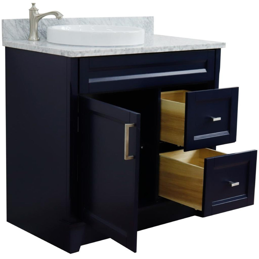 Bellaterra Terni 37" Single Vanity, Blue, White Carrara Marble Top, Left Door/Round Left Sink