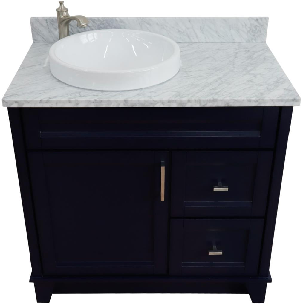 Bellaterra Terni 37" Single Vanity, Blue, White Carrara Marble Top, Left Door/Round Left Sink