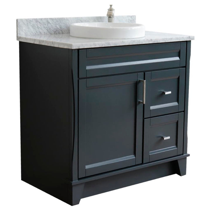 Bellaterra Terni 37" Single Vanity, Dark Gray, White Carrara Marble Top, Left Door/Round Center Sink