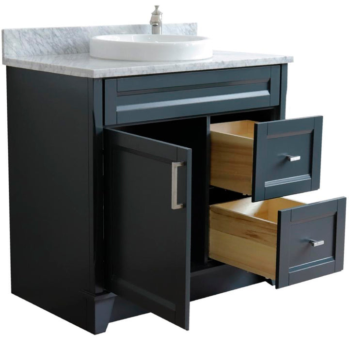 Bellaterra Terni 37" Single Vanity, Dark Gray, White Carrara Marble Top, Left Door/Round Center Sink