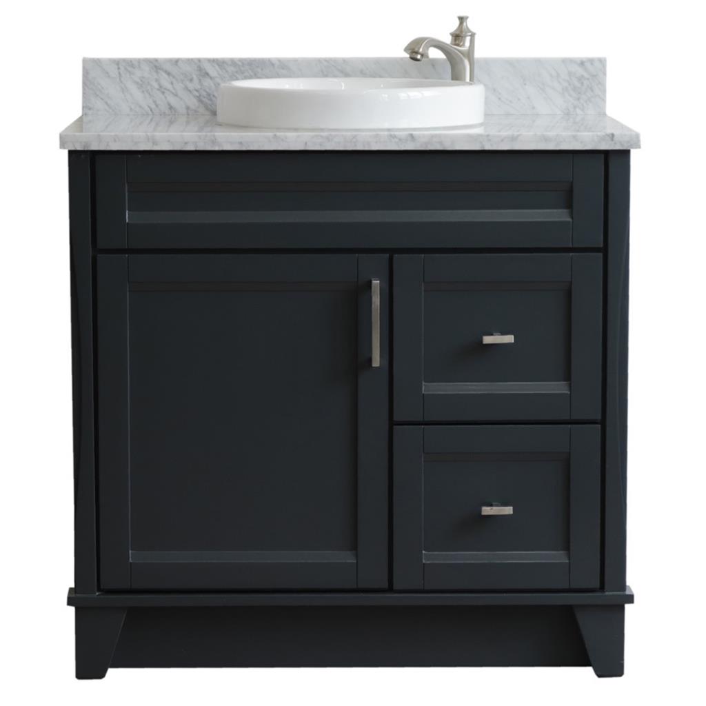 Bellaterra Terni 37" Single Vanity, Dark Gray, White Carrara Marble Top, Left Door/Round Center Sink