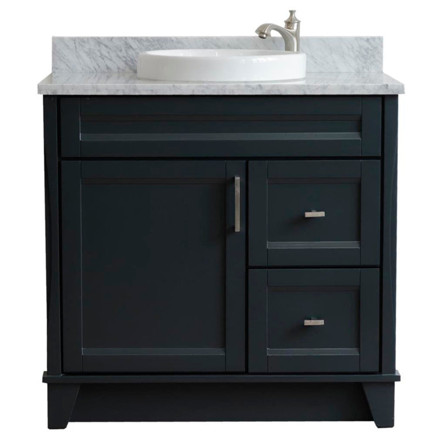 Bellaterra Terni 37" Single Vanity, Dark Gray, White Carrara Marble Top, Left Door/Round Center Sink