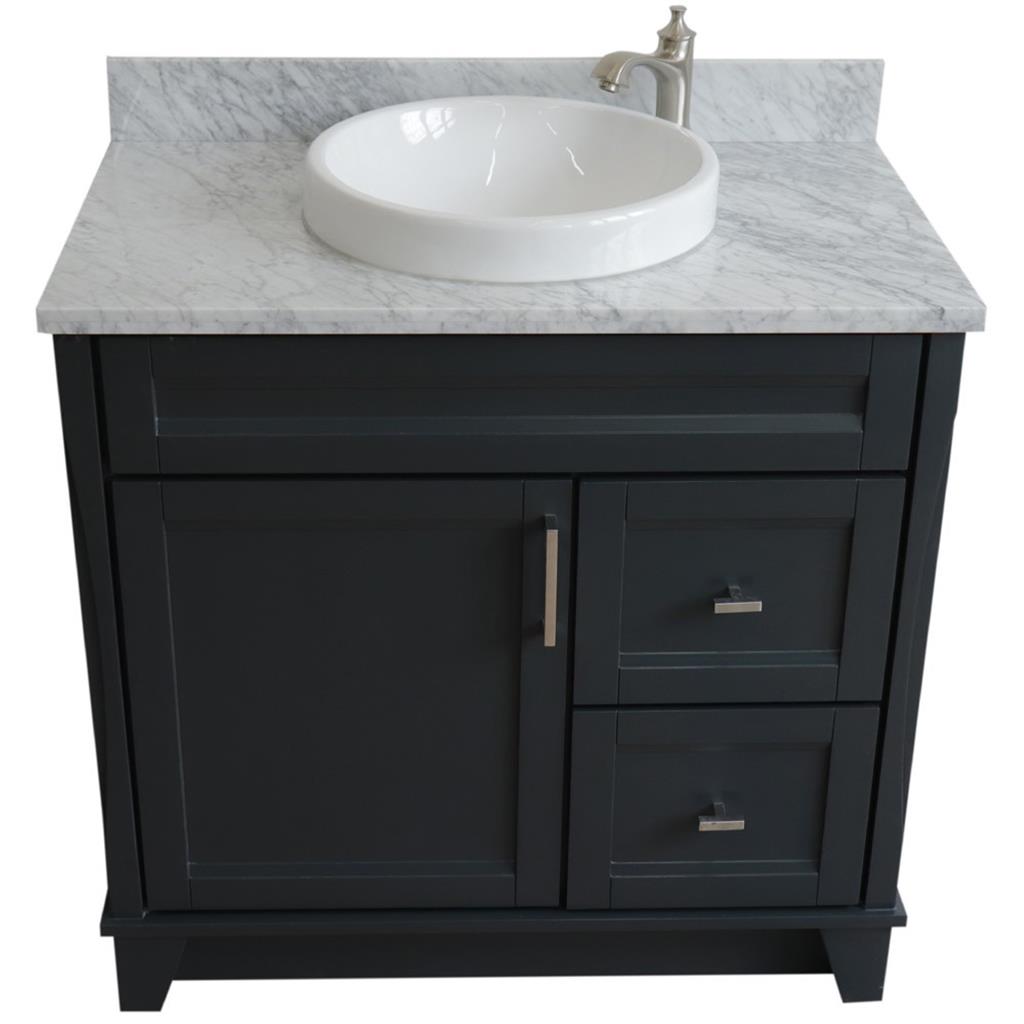 Bellaterra Terni 37" Single Vanity, Dark Gray, White Carrara Marble Top, Left Door/Round Center Sink