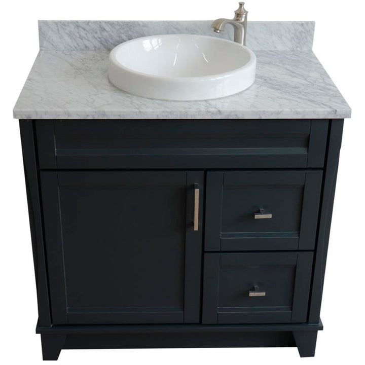 Bellaterra Terni 37" Single Vanity, Dark Gray, White Carrara Marble Top, Left Door/Round Center Sink