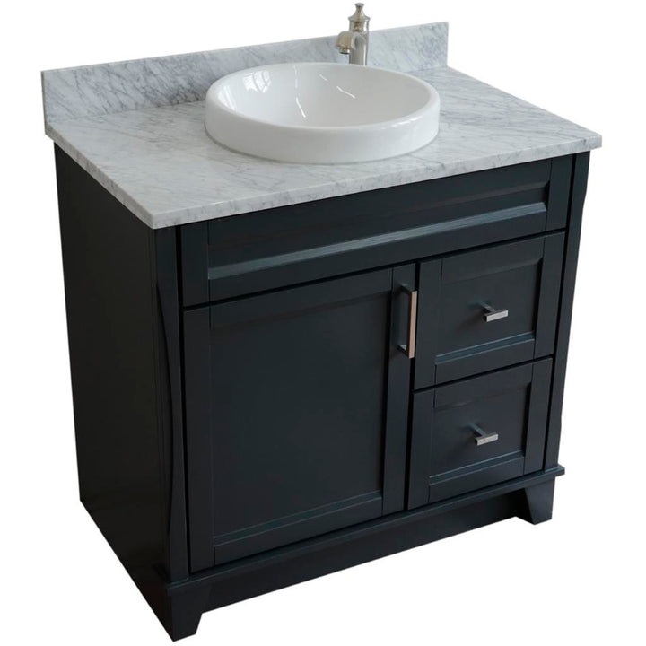 Bellaterra Terni 37" Single Vanity, Dark Gray, White Carrara Marble Top, Left Door/Round Center Sink