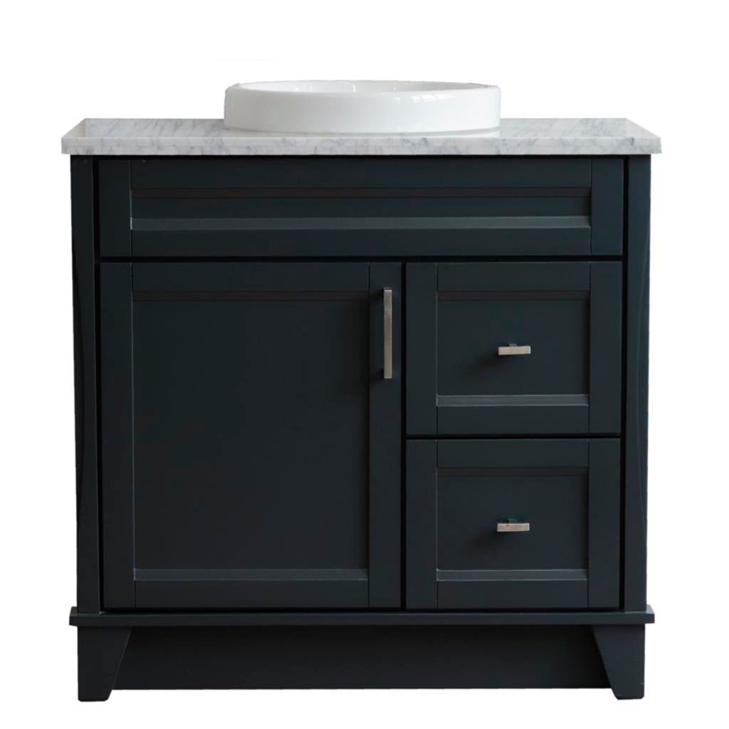 Bellaterra Terni 37" Single Vanity, Dark Gray, White Carrara Marble Top, Left Door/Round Center Sink