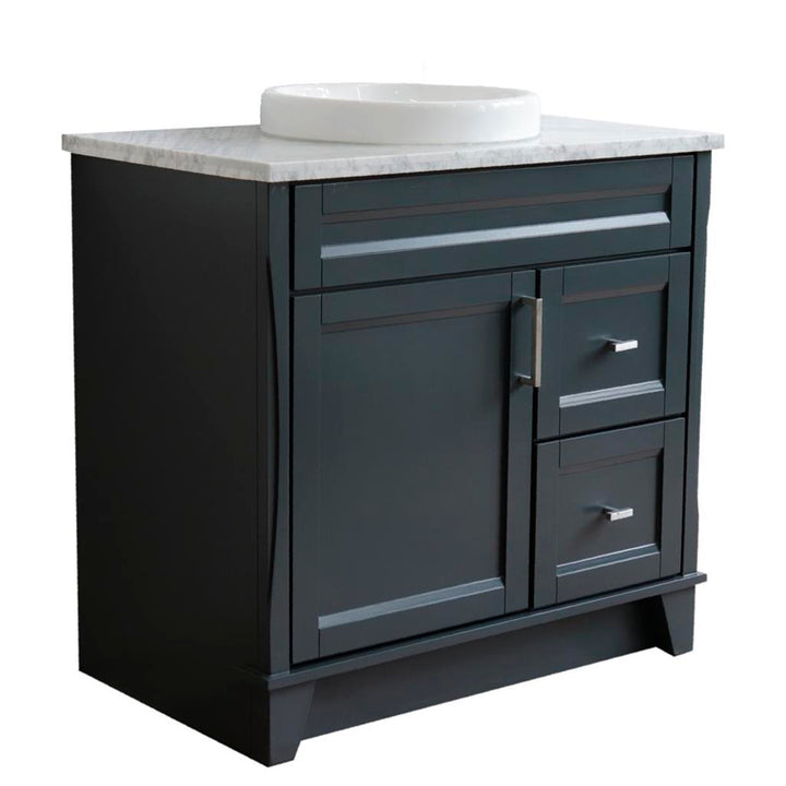 Bellaterra Terni 37" Single Vanity, Dark Gray, White Carrara Marble Top, Left Door/Round Center Sink