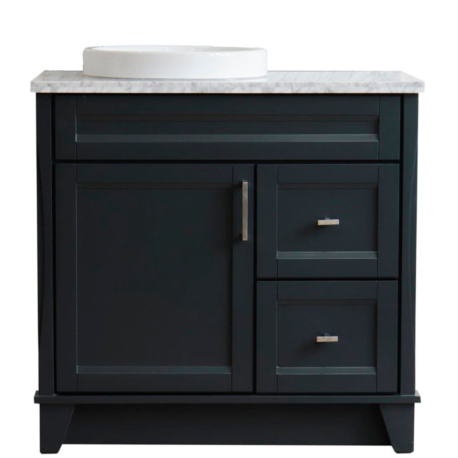 Bellaterra Terni 37" Single Vanity, Dark Gray, White Carrara Marble Top, Left Door/Round Left Sink